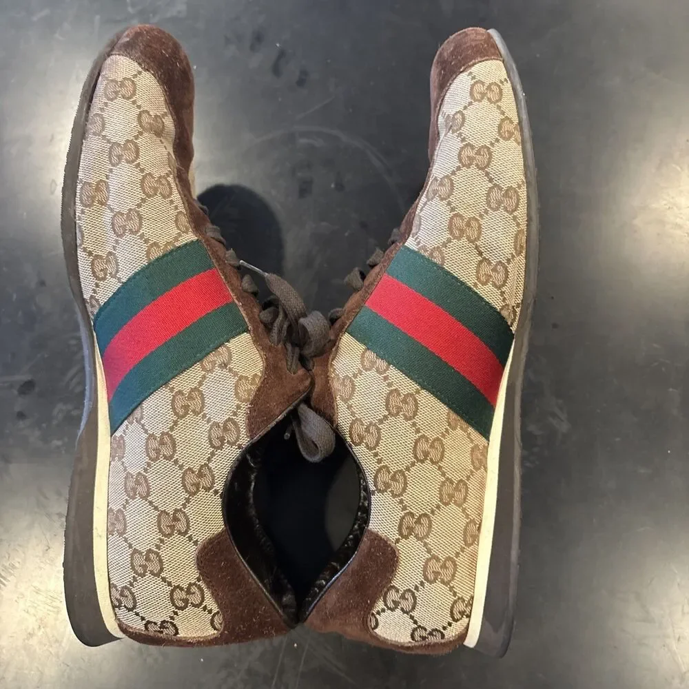 Vintage Gucci 117711 GG Canvas Web Stripe Suede Sneakers Mens US 11.5 Made Italy